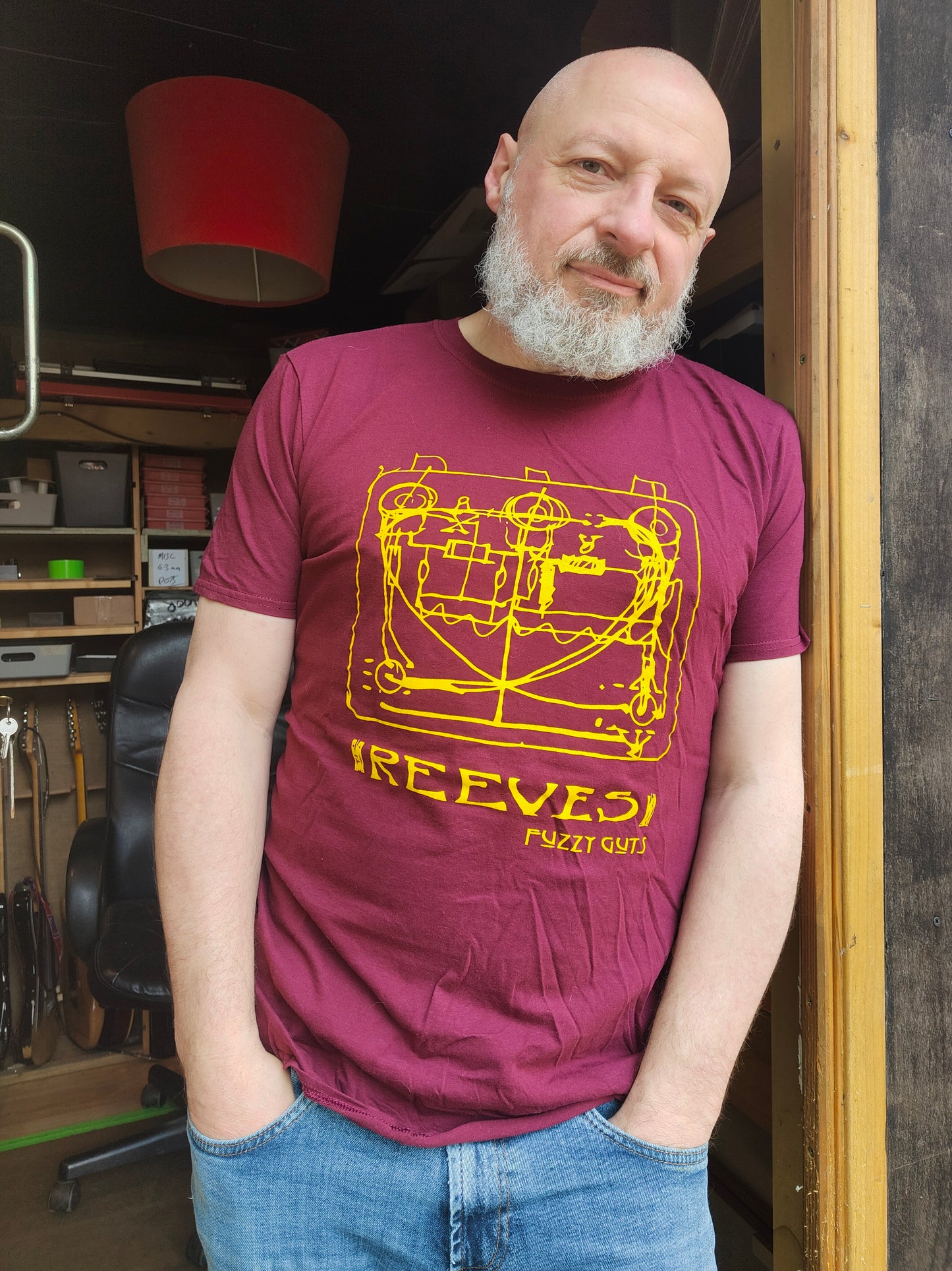 'Fuzzy Guts' Tshirt Yellow on Wine